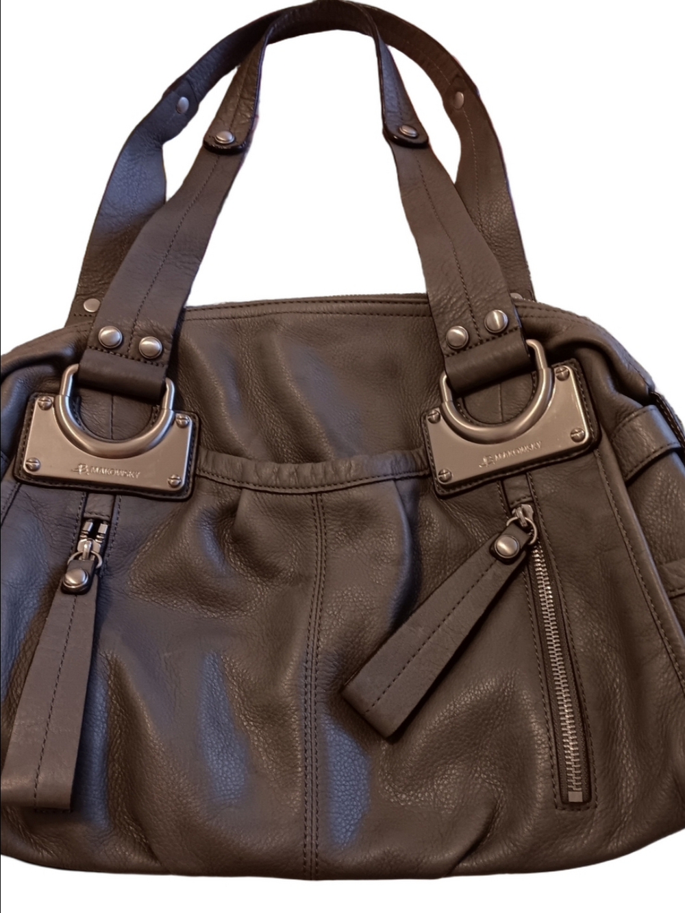 B Makowsky Pebble Soft Leather Satchel Grey Chunky Silver Designer Y2K Vintage